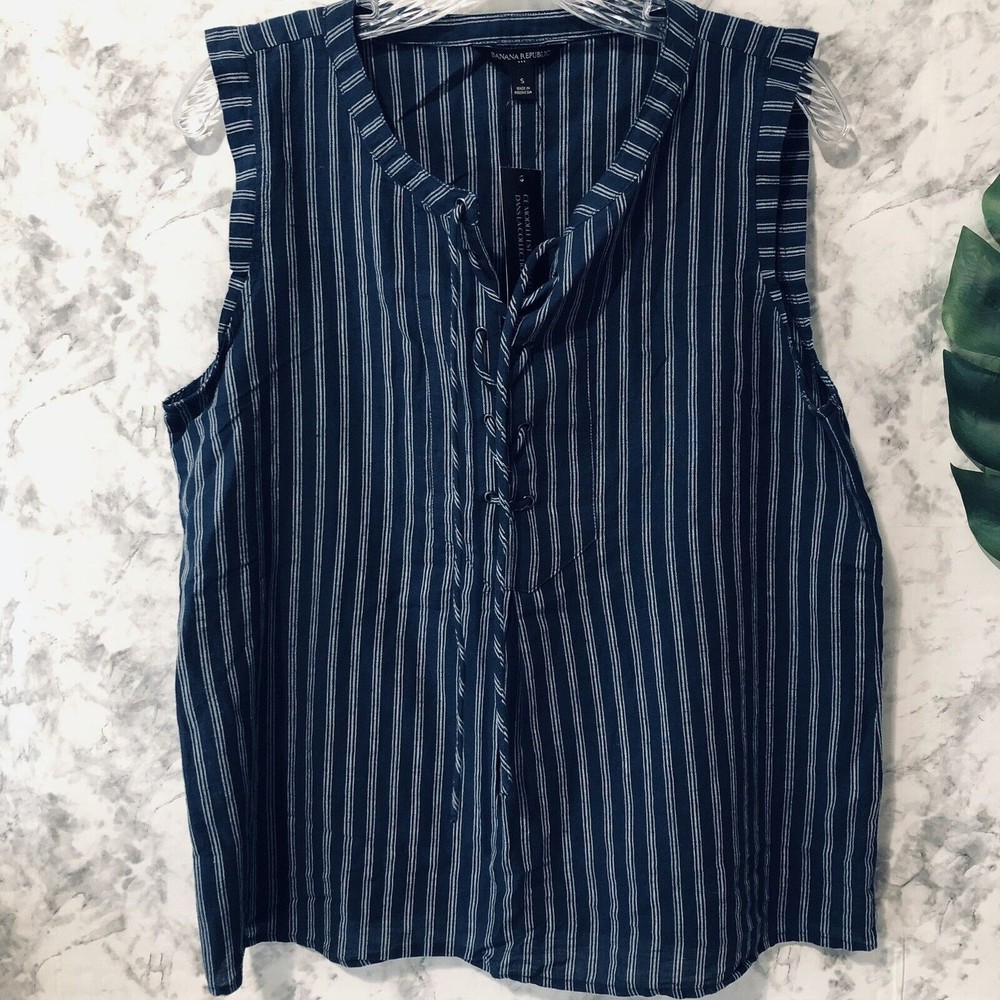 Banana Republic Linen Cotton Shirt Womens Size S Small Blue Stripe Tie Top